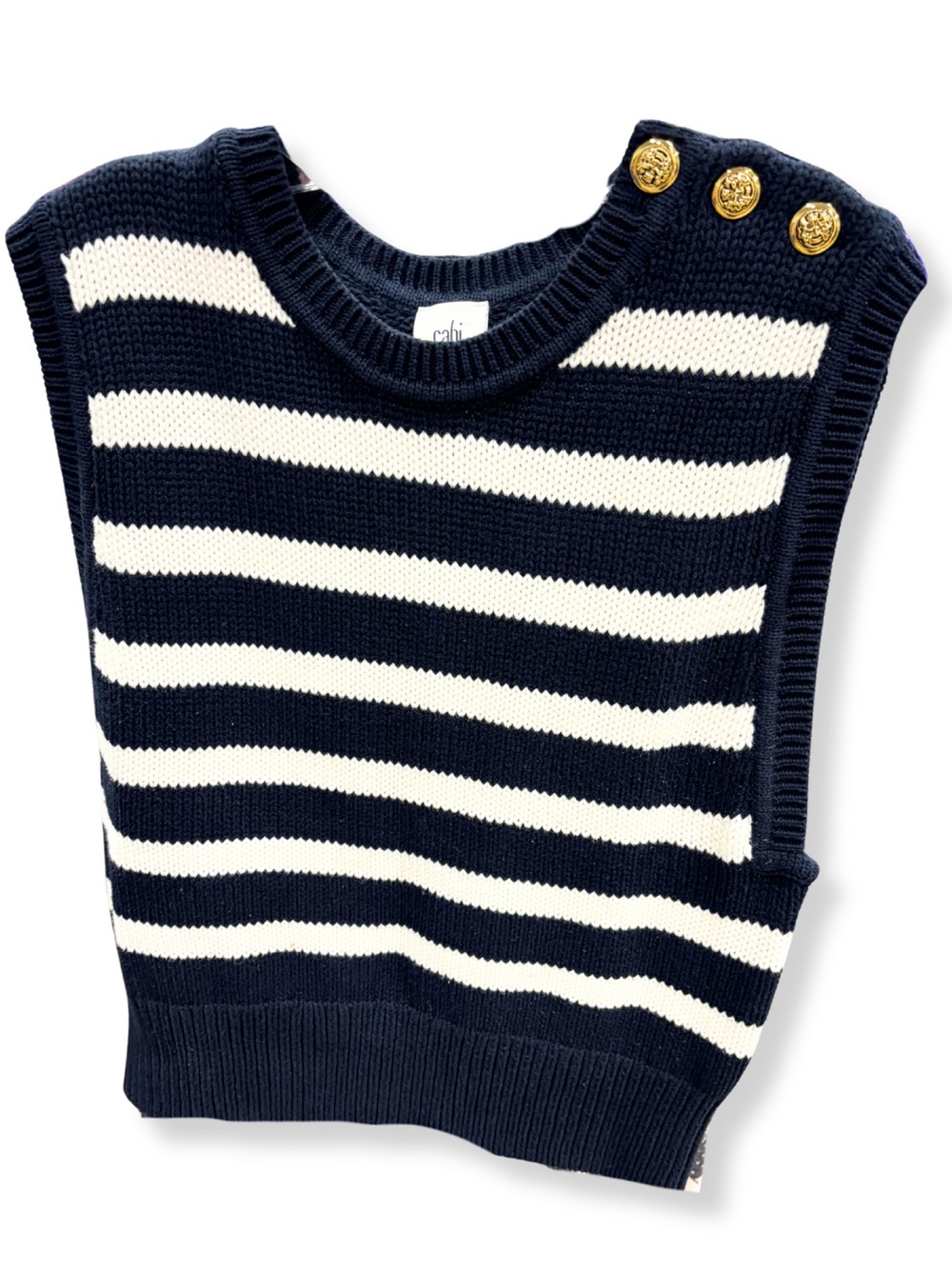 Cabi Navy Ivory Striped Sweater Vest Gold Button Cotton M Preppy Nautical